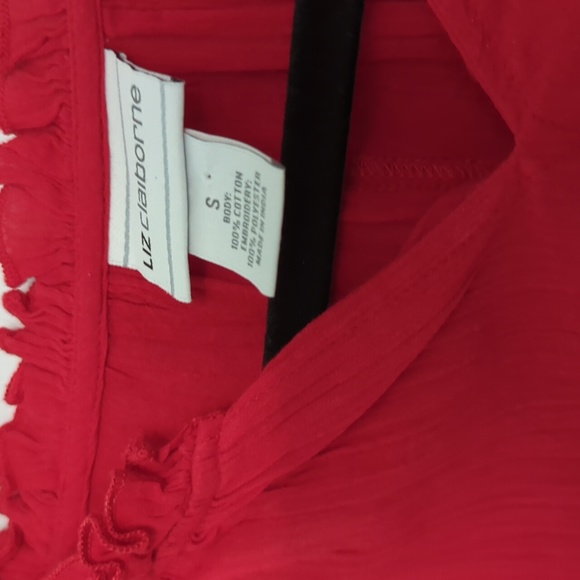 Liz Claiborne Size Small Red Boho Top with Light Blue Embroidered Flowers - Picture 4 of 6